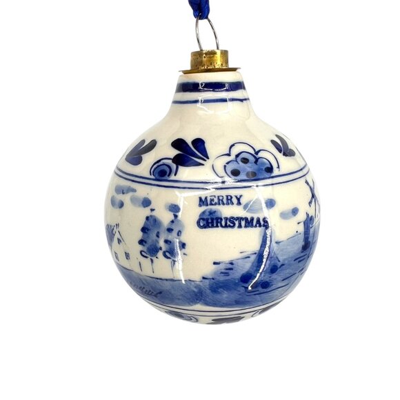 Delft Blue Merry Christmas Windmill Ceramic Ornament Netherlands - Picture 1 of 11